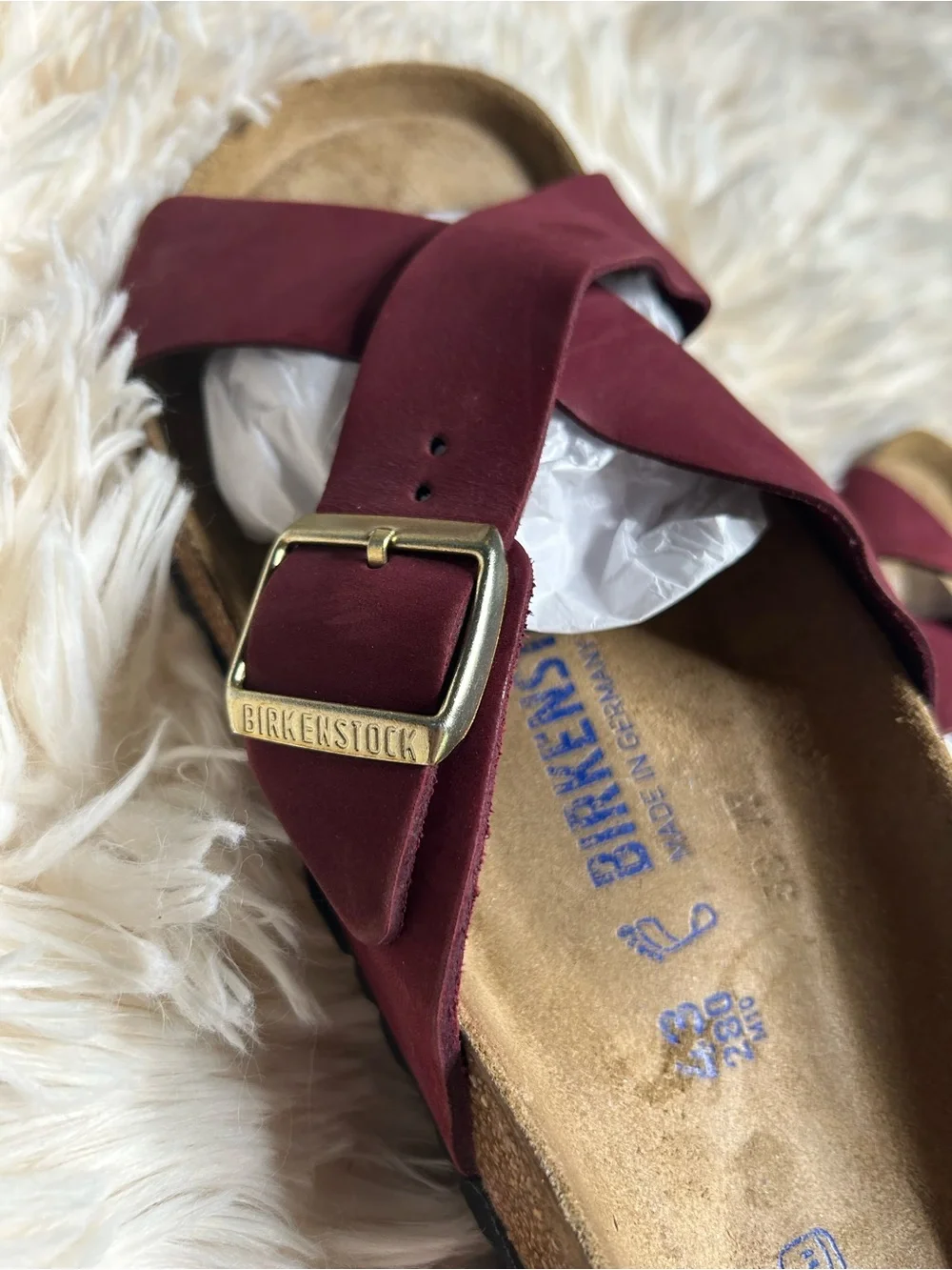 Birkenstock Women’s Burgundy Crossband Suede Footbed Sandals